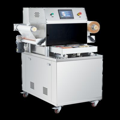 Πλήρως αυτόματη μηχανή σφράγισης δέρματος υπό κενό DQ480VSL με τροφικό επίπεδο 304 ανοξείδωτου χάλυβα και 6061 ανωδικοποιημένο αλουμίνιο μούχλα για συσκευασία MAP