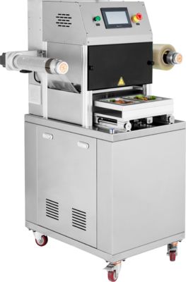 Εμπορική αυτόματη σφραγιστική δίσκου DQ320L-E με τροφικό επίπεδο 304 από ανοξείδωτο χάλυβα και 6061 ανωδικοποιημένο αλουμίνιο για συσκευασία τροποποιημένης ατμόσφαιρας